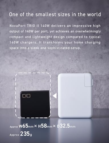 Image of 140W USB-C Charger Block, Compact USB-C 3-Port GaN Charger High Wattage PD 3.1 Fast Charging Adapter for MacBook Pro, Windows Laptop, iPhone 15 /16, Android, Tablet, NovaPort Trio II 140W (Black)