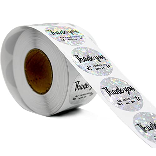 Bokinyoung Thank You For Celebrating With Us Sticker Roll 500 Pcs Round Rainbow Silver Foil Seal Stickers 1.5 Inch Thank You Label #TOP2