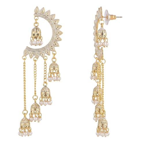 Image of WORLD CRAZE Multicolour long kashmiri jhumka for women chandbali earrings chand baliyan | kashmiri earrings for women | bahubali earrings stylish | Traditional Indian Festive Jewelry | Long Chain Tassels | Pearl Drop Latkan Jewellery (Multi colour)