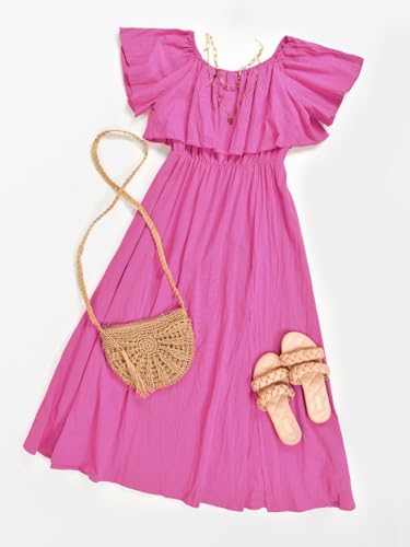 Image of CUPSHE Women Ruffle Floral Maxi Summer Dress Off Shoulder Short Sleeve Backless Flounce Bodice Slit Hem Beach Dresses