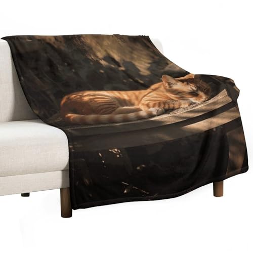Couverture flanelle chat orange imprimé, jeté de canapé confortable 127x152 cm