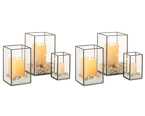 NUPTIO Black Hurricane Lantern Glass: Set of 6 Square Pillar Candle Holder Tempered Glass Outdoor Chimney Indoor for Living Dining Room Mantel Christmas Table Centrepieces Wedding Party Ornament