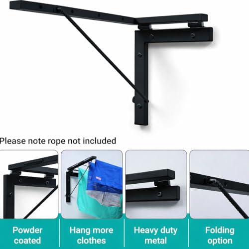 Image of Clothes Drying Stand Wall Mounted /Cloth Dryer Stand /Clothes Hanger for Drying Clothes Foldable for Home Or Balcony with 50 Feet Rope and Fasteners Set (Metal-Black Powder Coating L Shape)