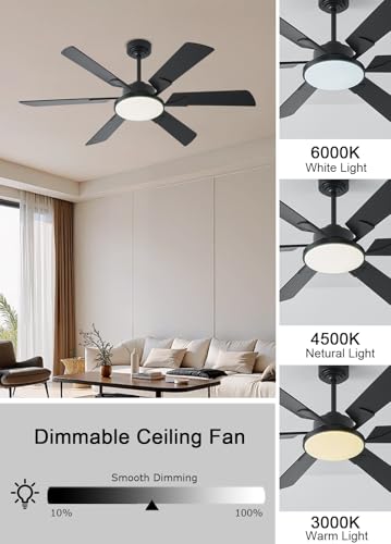 Image of JSAITEE 52 Inch Low Profile Ceiling Fan with Lights, Remote & APP Control, 3CCT Dimmable, 6 Blades 6 Speed Ceiling Fans, Quiet Reversible DC Motor, Modern Black Ceiling Fan for Bedroom Living Room