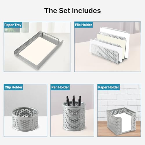Image of The Better Home Set of 5 Drawer Organisers | Metal Mesh Design | Multipurpose Desk Organizer for Office Supplies | Pen Pencil Brush & Clip Holder | Powder Coated | Silver