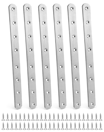 QWORK® - 6 piezas 295 * 25mm Placa Union Soportes Planos Placas de Fijación de Metal Plano Pletina Acero Inoxidable Soportes de Esquina Recto Unión con 48 tornillos