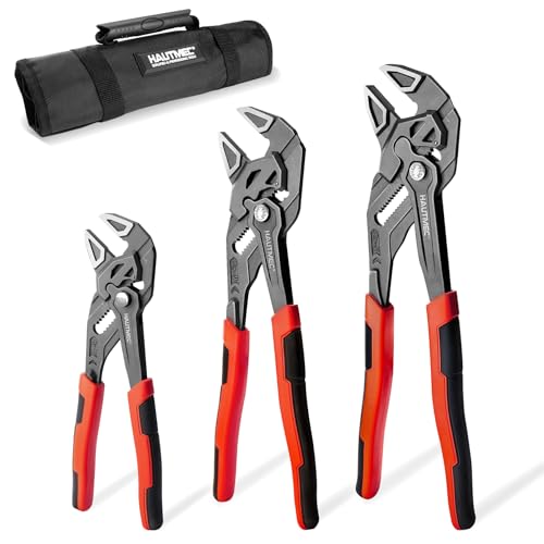 Image of HAUTMEC 3PCS Adjustable Pliers Wrench Sets (7 10 12 inch), Smooth Jaw Parallel Pliers, Heat-Treated CR-V Steel & Phosphated Rust-Resistant, SAE /Metric Scale, Storage Belt Pouch for Professional & DIY