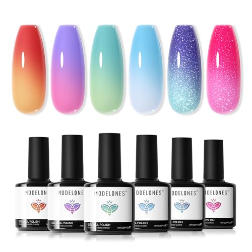 modelones Color Changing Gel Nail Polish Set 6 Colors Temperature Changing Mood Red Pink Yellow Blue Green Glitter Gel Polish Colors Collection Soak Off Salon DIY at Home