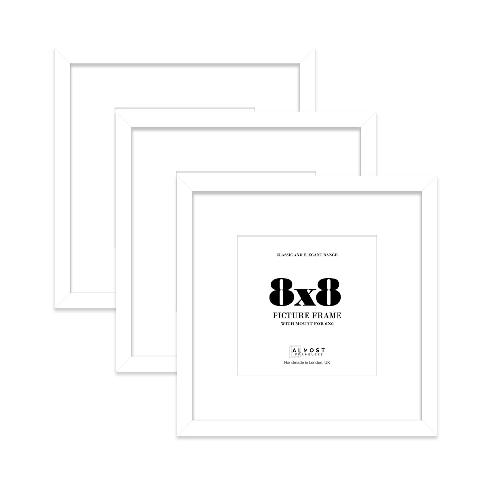 8x8 White Picture Frame with Mount for 6x6 Photos, Prints - Modern Square Wall Frame, Set of 3