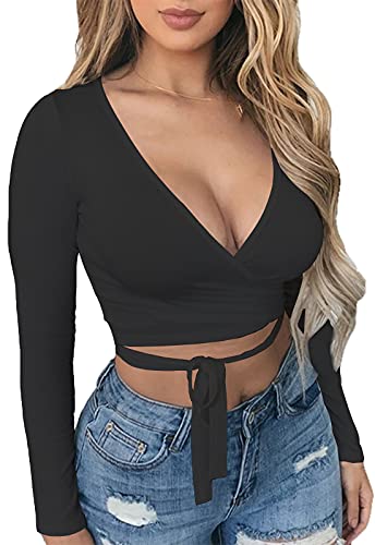 Artfish Women Sexy Deep V Neck Crop Top Bandage Wrap Tie Tight Cropped Fitted Cleavage Shirts
