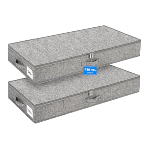 punemi Low Profile Under Bed Storage, 4 Inch Height Underbed Storage Containers With Sturdy Sidewalls & Bottom, Shallow Under Bed Organizer Clothes Storage Bins, Slim Under Couch Sofa Dresser Storage Cover
