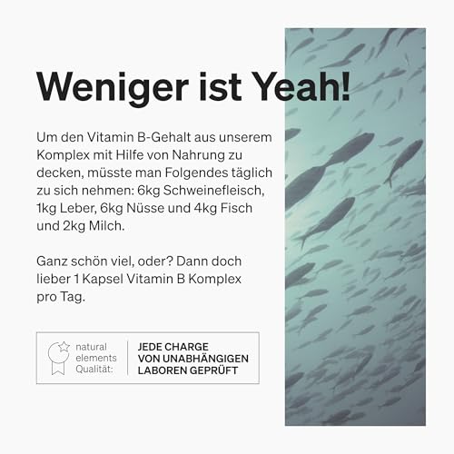 natural elements Vitamin B Komplex - 180 Kapseln - Hochdosiert: Mit 500 µg Vitamin B12 - alle 8 B-Vitamine (B1, B2, B3, B5, B6, B7, B9, B12) - vegan, in Deutschland produziert & laborgeprüft