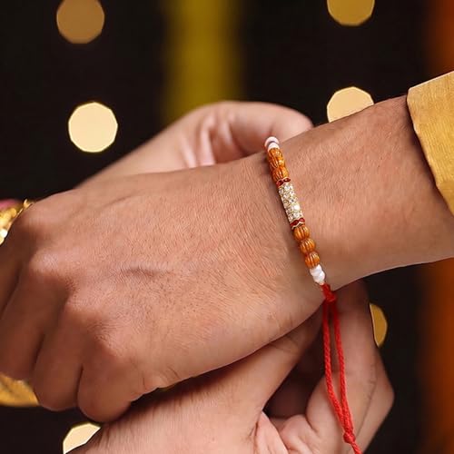 Image of Peora Rakhshabandhan Thread Rakhi for Brother Bhaiya | Kundan Beads & Crystal Studded | Combo Set of 2 | Rakhi Hamper Roli Chawal & Greeting Card
