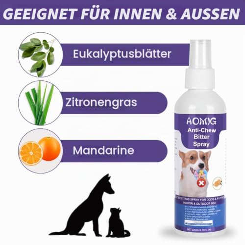 Aomig Fernhaltespray Hunde Knabberstopp für Hund Bitter Spray für Hunde Bitterspray Hundeabwehrspray Hundeschreck Fernhaltespray für Hunde Anti Kau und Lecken Spray für Möbel Kleidung Schuhen (200ml)