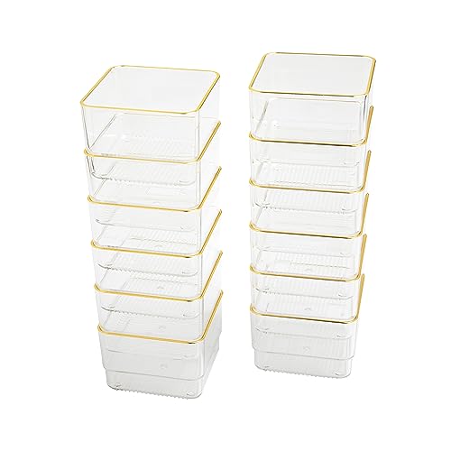 Image of Martha Stewart Kerry Plastic Stackable Office Desk Drawer Organizers, 3 inch x 3 inch, 12 Pack, with Gold Trim