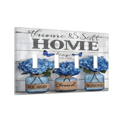 Decorative Light Switch Cover Plate Blue Flower Bottles Wood Plank 4 Gang Wall Plate Oversized Quad Toggle Switch Cover Plate Jumbo Faceplate for Bedroom Decor