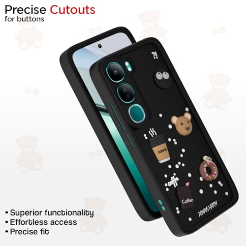 Image of Outlouders Back Cover for Vivo Y300 5G / Vivo V40 Lite 5G | Cute Fun Cartoon 3D Bear Silicone | Full Body Protection Bumper Case (Black)
