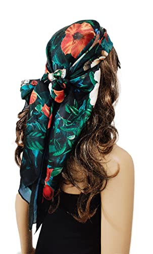 Image of Satin Silk Women's Large Square Floral Fashion Scarf | Soft satin silk neck scarf, head scarf, hair scarf, bandana, wrap, hijab, lightweight fashion accessory
