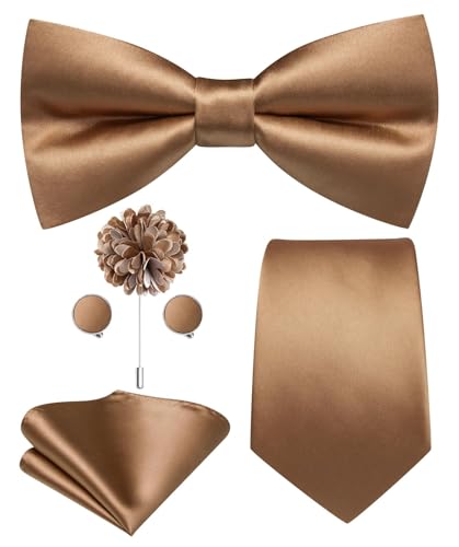 Image of Hi-Tie 5Pcs Mens Solid Color Silk Tie Satin Pretied Bowtie Lapel Pin for Men Handkerchief Cufflink Wedding Gift Box