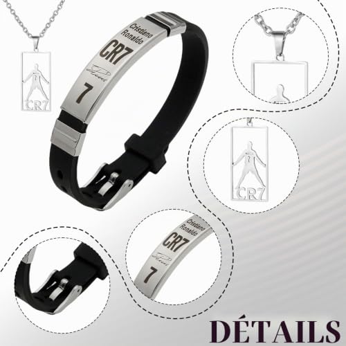 TENGWA 2 Pièces CR7 Enfant Longueur 60cm Collier Garcon Bracelet Foot Enfant Garcon 22,5 cm Argent Ajustable pour Garçons Fans de Football Supporters ou Comme Cadeau Anniversaire – vue 4