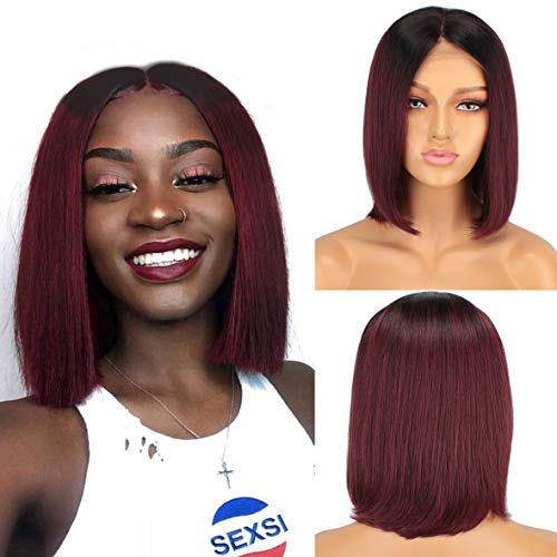 Leeven Short Straight Lace Front Human Hair Bob Wigs Ombre Color 130% Density 13x4 Lace Frontal Brazilian Remy Hair Wig for Women 1B/BUG 10 Inch Virgin Hair