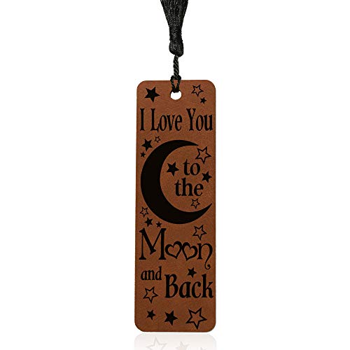 KATE POSH - I Love You to The Moon and Back Engraved Rawhide Leather Bookmark, 3rd Anniversary, Weddings, Valentine's Day, Couples in Love Gifts, Husband & Wife, Boyfriend & Girlfriend, Book Lover