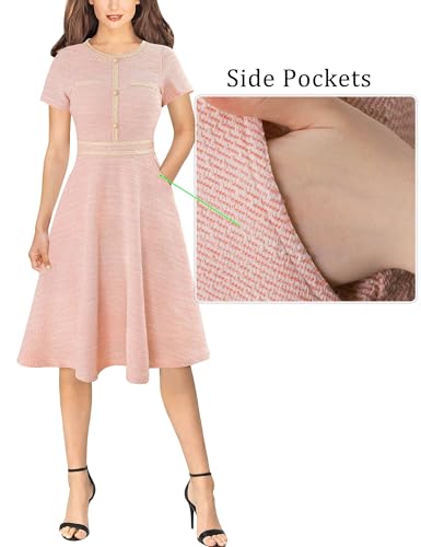 Image of VFSHOW Womens Buttons Pockets Office Business A-Line Dresses Short Sleeve Work Crew Neck Tweed Trim Fit and Flare Swing Dress