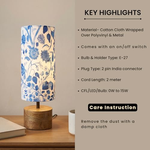 Image of ExclusiveLane 'Indigo Bloom' Mango Wooden Decorative Table Lamp for Bedroom (37.4 Cm, Without Bulb, Pack of 1, Handcrafted) |Table Lamp for Living Room Decoration Lamps Bedside Lamp for Bedroom