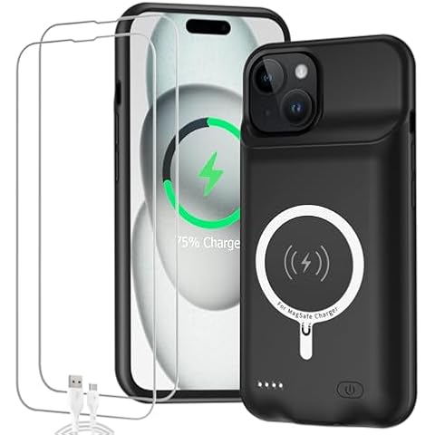 Battery Case for iPhone 15, Full Encircle 10000mAh High Capacity Rechargeable Portable Charger Case Extended Battery Pack Compatible with iPhone 15 (6.1 inch) Wireless Charging Case with Carplay-Black Cover