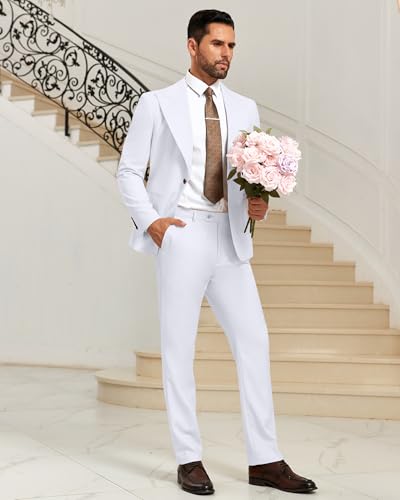 Men Suits Slim Fit 2 Piece White Dress Suit Blazer Solid Jacket Pant Set Business Suit Wedding Groom Prom Tuxedo S4
