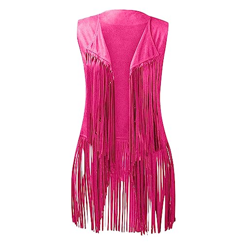 Womens Fringe Vest Coat 70s Hippie Cowgirl Sleeveless Cardigan Western Faux Suede Leather Tassel Outerwear4