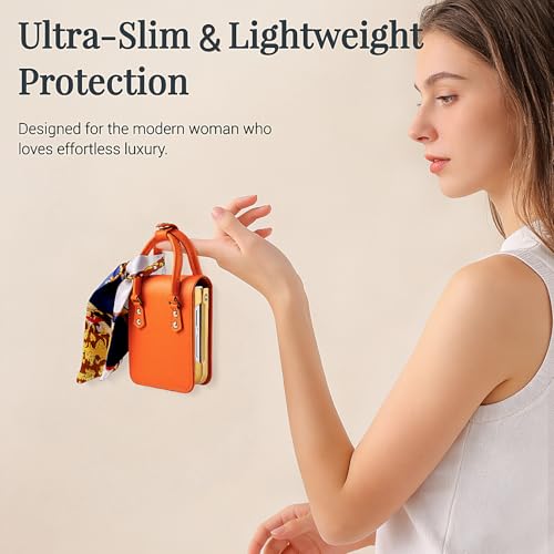 Image of for Samsung Galaxy Z Flip 7 Case, Cute Mini Handbag Wallet Phone Case with Card Holder, Silk Scarf & Handle Strap, Luxury PU Leather Protective Cover - Orange