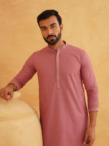 Image of Sojanya (Since 1958 Men'S Geometric Embroidered Thread Work Cotton Straight Long Kurta