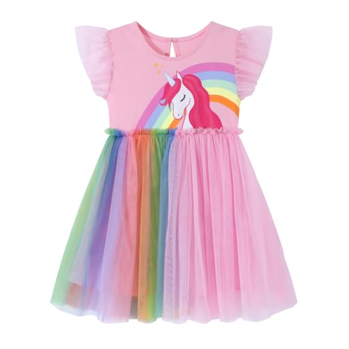 HILEELANG Toddler Girls Rainbow Cotton Tulle Dress Summer Princess Party Unicorn Dress with Flutter Sleeves3