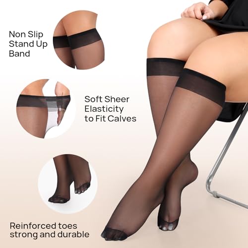 MANZI 10 Pairs Plus Size Knee High Stockings for Women 15D Sheer Nylons Socks with Wide Calf4