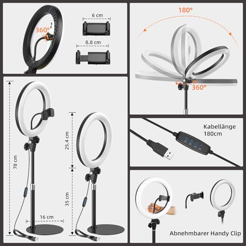 Ringlicht mit Stativ Handy Laptop Videokonferenz Licht,Evershop 10.5” Ring Light Ringleuchte LED 3 Lichtfarben+10 Helligkeiten 360°Drehbar Schreibtisch Streaming Beleuchtung Licht YouTube Tiktok