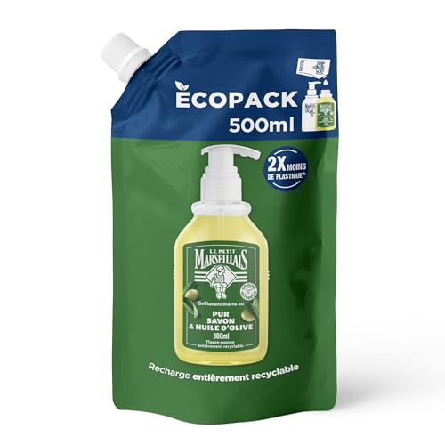 Le Petit Marseillais – Recharge Gel Lavant Mains Pur Savon & Huile d'Olive (écopack de 500 ml) – Recharge savon liquide pour flacon-pompe – Savon mains enrichi en huile d'olive