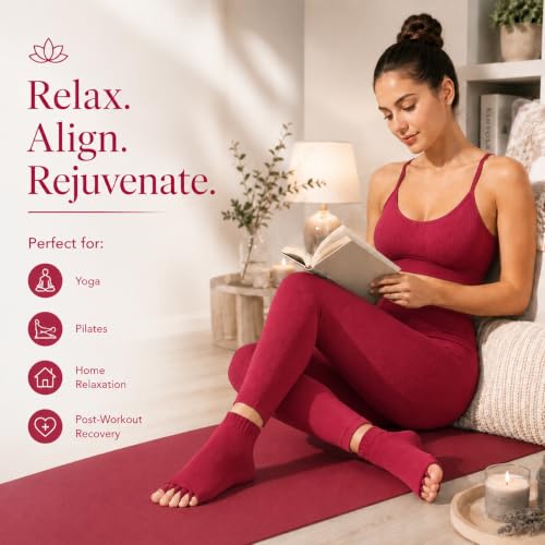Image of Foot Alignment Orthopedic Cotton Socks for Men & Women | Five Toe Separator | Foot Pain Relief | Bunion Corrector | Plantar Fasciitis Support | Improves Posture & Flexibility | Free Size | Maroon | 1 Pair