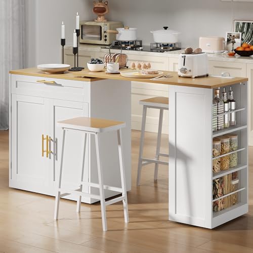 YITAHOME 67 inch Kitchen Island with Seating & Extendable Dining Table, Mobile Storage Islands with 2 Chairs, Rolling Expandable Island with Power Outlet, 3-Tier Spice Rack, L-Shaped Cart (White)