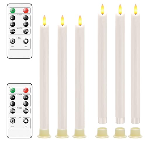 Image of LED Flameless Taper Candles with Two Remote Timer Battery Operate, Pack of 6, 3D Flickering Warm Real Wax Candles, Wedding Dinner Holiday Decor Candles, (D 0.86 inch * H 9.6 inch, Lvory)