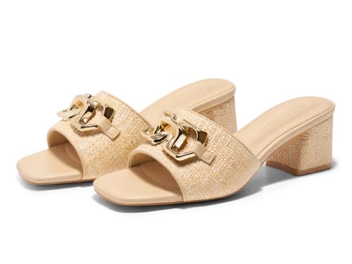 Image of Coutgo Womens Raffia Slide Sandals Chunky Block Heeled Square Open Toe Metal Chain Slip on Mules Dressy Shoes
