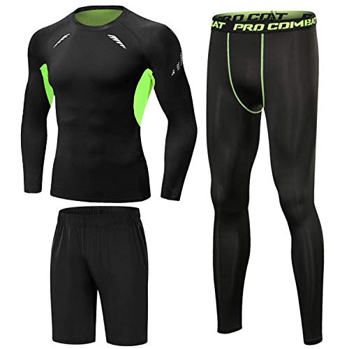Sykooria 3 Piezas Conjunto de Compresión Deportiva para Hombre Camisetas de Manga Larga de Fitness Mallas de Running y Pantalon Deporte Corto de Elástico Correr Gym