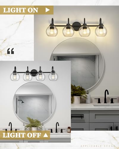 Image of Bathroom Light Fixtures, 4-Light Matte Black Vanity Lights with Globe Clear Glass, 30 Inch Modern Vanity Lighting Fixtures Over Mirror, AD-22280-4W-BK