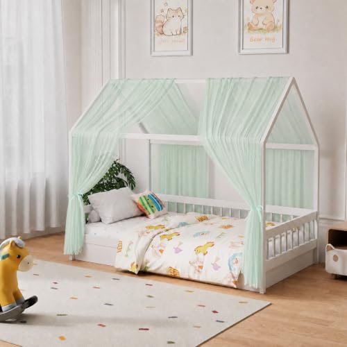 Roerf Voile Lit Cabane 150x350cm Rideaux Ciel de Lit Cabane pour Maison 2 Pièces Ensemble Décoration pour Fille Garçon Vert