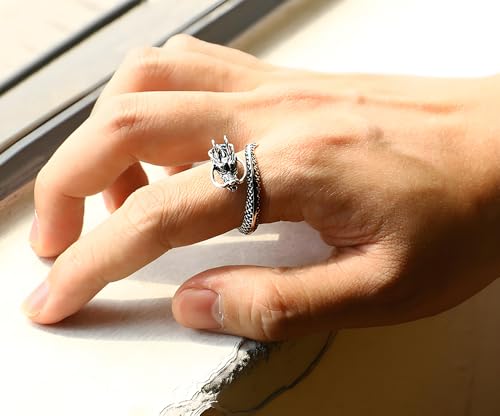 Solid 925 Sterling Silver Two-Tone Blackened Dragon Ring, One Size Adjustable Open Ends Ring for Men2