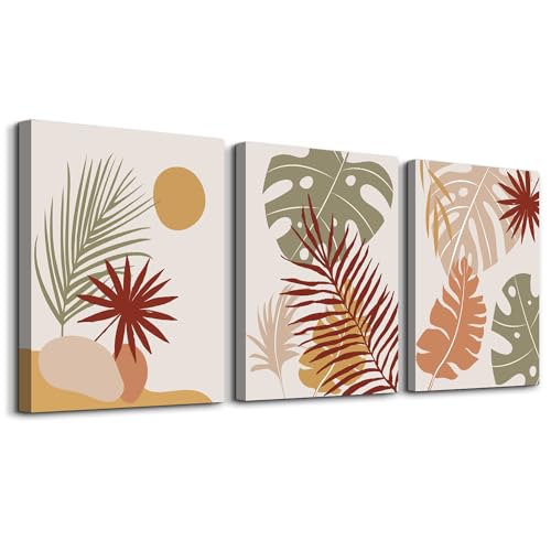 hyidecorart Boho Botanisch Bilder, Salbeigrün Rotbraun Orange Abstract Verschiedene Blätter Nordische Minimalismus Modern Pflanze Wandbilder Wohnzimmer Schlafzimmer Küche Esszimmer Büro...