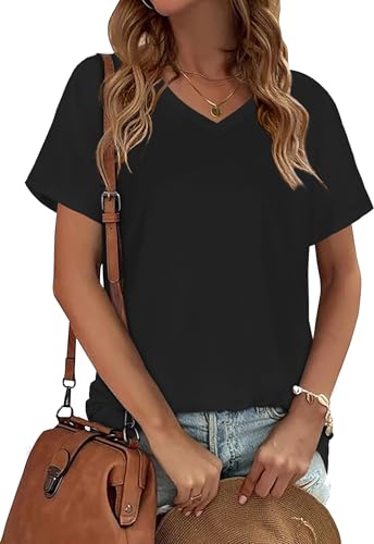 Image of Womens Summer Tops Basic Short Sleeve V Neck T Shirts(Black,L)