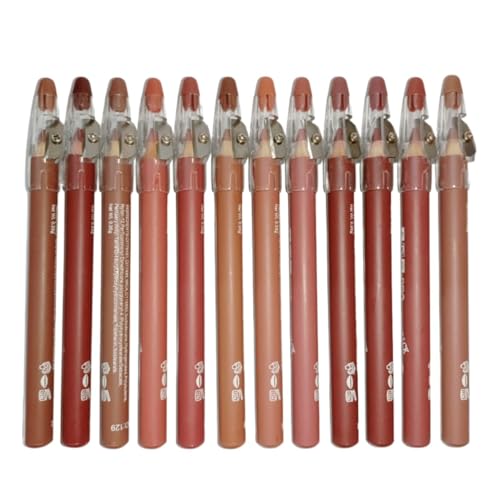 Image of Moon Embers Lip Liner Pencil Set, Red Shades, NUDE Finish, Wax, 12 Pieces, with Built-in Sharpener