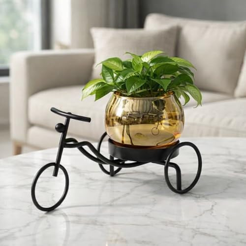 Image of CentraLit Decorative Metal Tricycle Planter for Home Decor | Handcrafted Indoor Plant Pot with Amber Glass Bowl | Premium Tabletop Planter for Living Room, Office, Balcony & Gifting