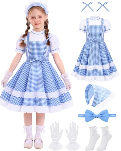 Vivrerizo Blue White Plaid Costume for Halloween Outifit Party Cosplay M | 7 Pcs Blue White Plaid Dress, Bow Hair Tie, Bow Tie, Plaid Headscarf, White Gloves and Socks for Kids Dress Up - image 1